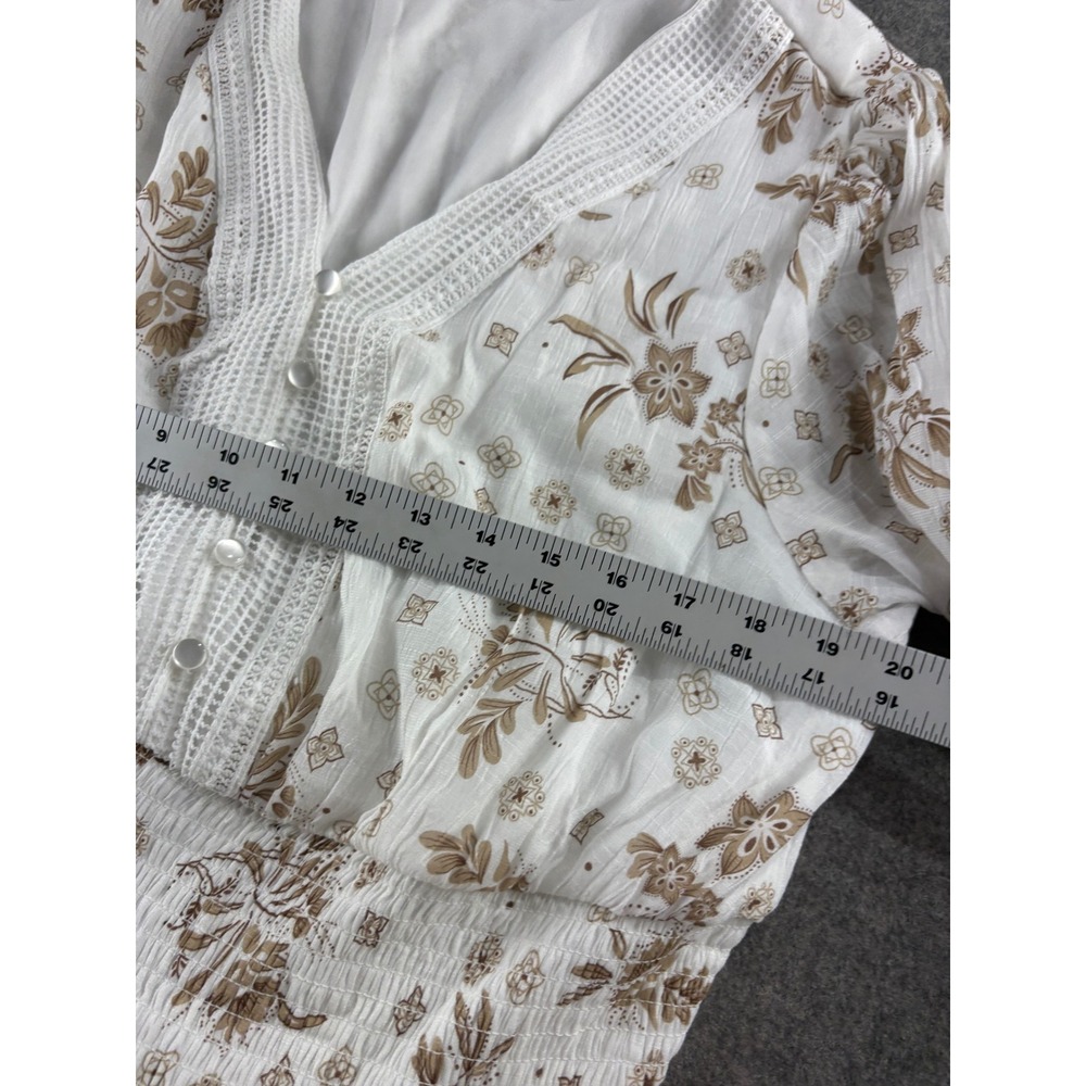 J GEE Floral Smocked Midi Dress White Tan Boho Coastal Tiered Lace V-Neck XL - Picture 3 of 7